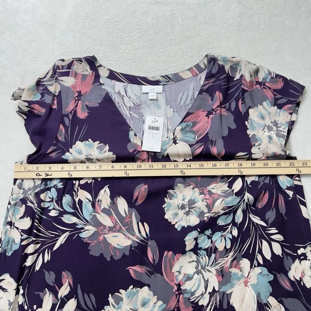 J Jill Vista Midi Dress Sz L Black Cherry Floral V-Neck Short Sleeve Pockets - Picture 8 of 10